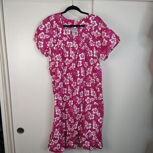 Vtg Anthony Richards Hawaiian Floral House Dress Plus Size 1X Pink White Pockets